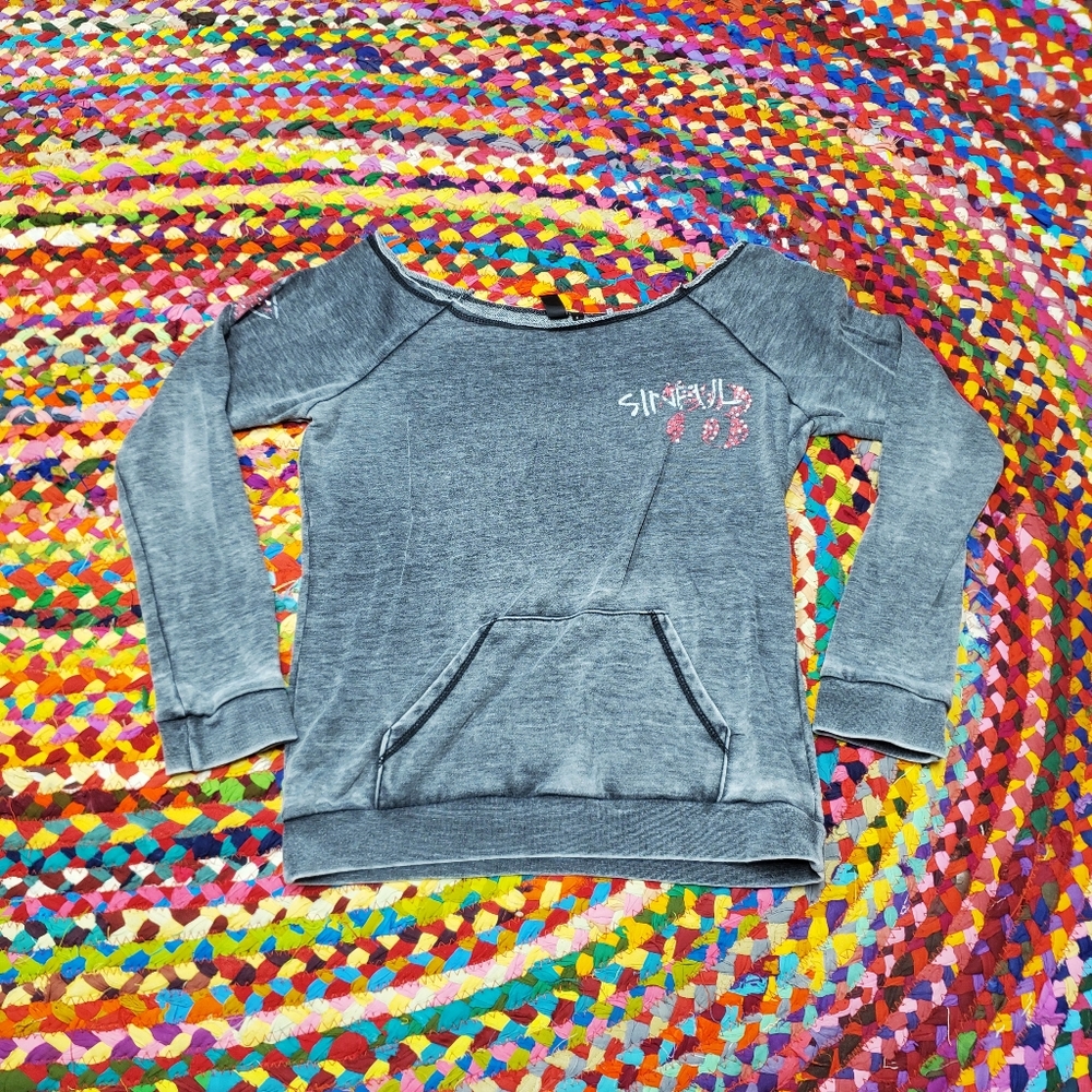 Sinful By Affliction Gray Off The Shoulder Sweatshirt Top Womens Size L